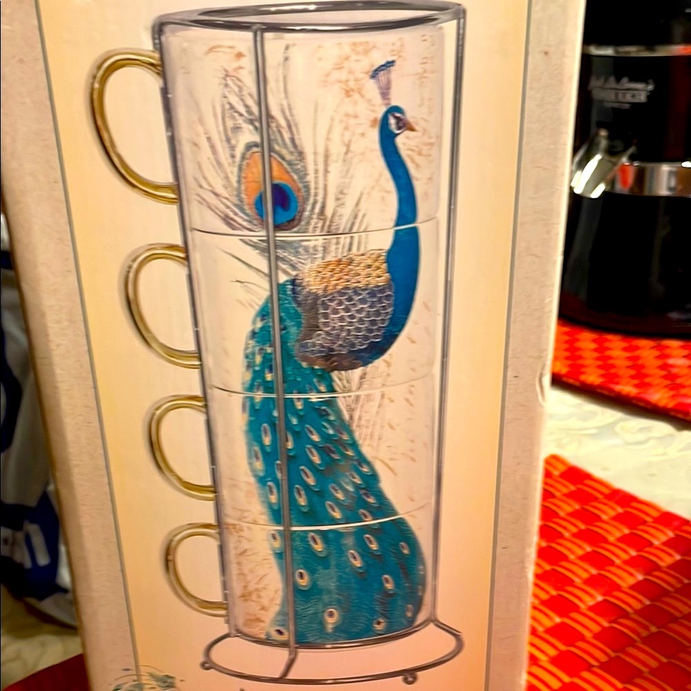 Cracker Barrel Peacock Stacking Mugs Set - Blue and Gold